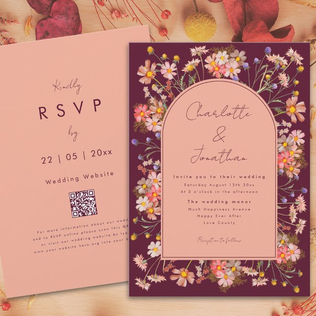 Convites Casamento outono Burgundy do Arch de Flor Selvagem (Wildflower arch boho burgundy peach terracotta fall wedding invitation with qr code)