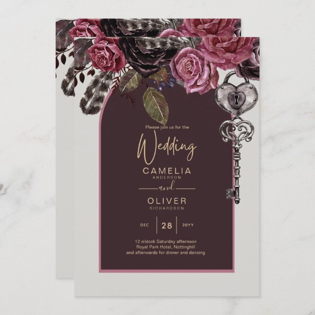 Convites CASAMENTO OUTONO Burgundy ROSA BOTHIC (Frente/Verso)