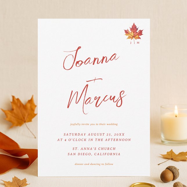 Convites Casamento outono Casual de Script de Leaf Monogram (Criador carregado)