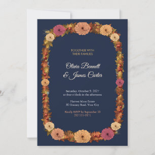 Convites Casamento Outono Dália e Coroa de Trigo Azul-Navy