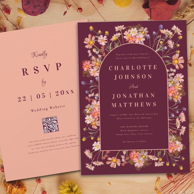 Convites Casamento outono de Borgonha de Flor Selvagem Eleg (Elegant boho wildflower arch burgundy terracotta burnt orange peach fall wedding invitation )