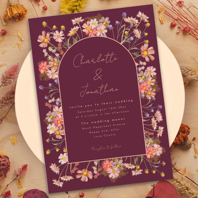 Convites Casamento outono de Borgonha Elegante de Flor Selv (Boho chic wildflower arch burgundy terracotta fall wedding invitation )