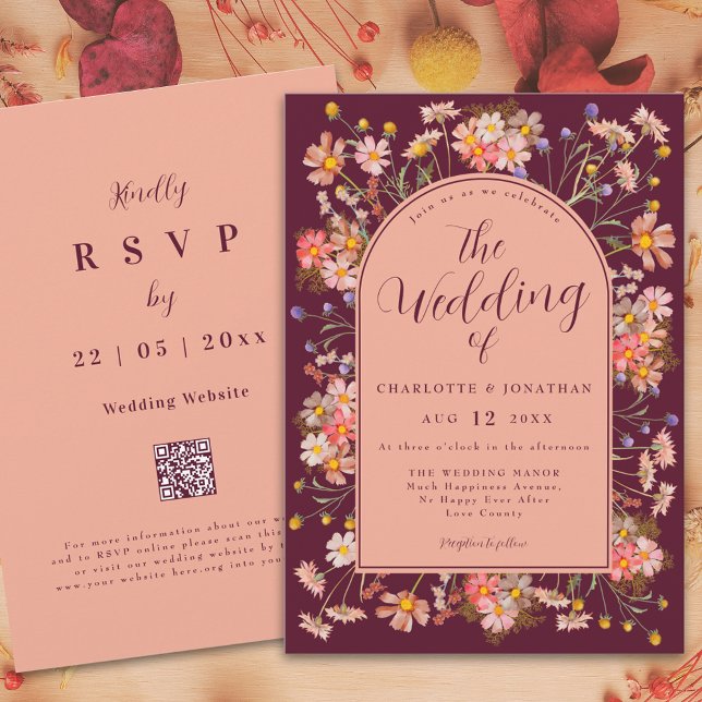 Convites Casamento outono de Borgonha Floral Elegante (Elegant wildflower arch burgundy fall wedding invitation with RSVP website qr code)