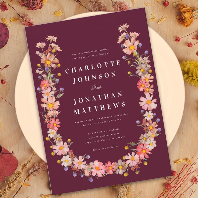 Convites Casamento outono de Borgonha Romântica de Flores S (wildflower romantic burgundy fall wedding invitation burnt Orange terracotta dried flower wreath)