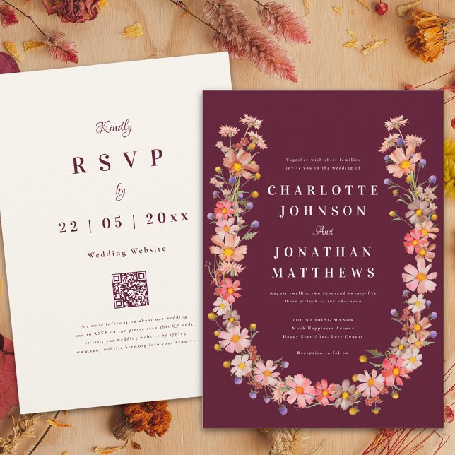 Convites Casamento outono de Burgundy de Flor Selvagem (Wildflower boho romantic burgundy fall wedding invitation terracotta burnt  orange floral watercolor)