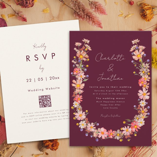 Convites Casamento outono de Burgundy do Wildflower Boho Wr (Wildflower boho wreath romantic burgundy fall wedding invitation )