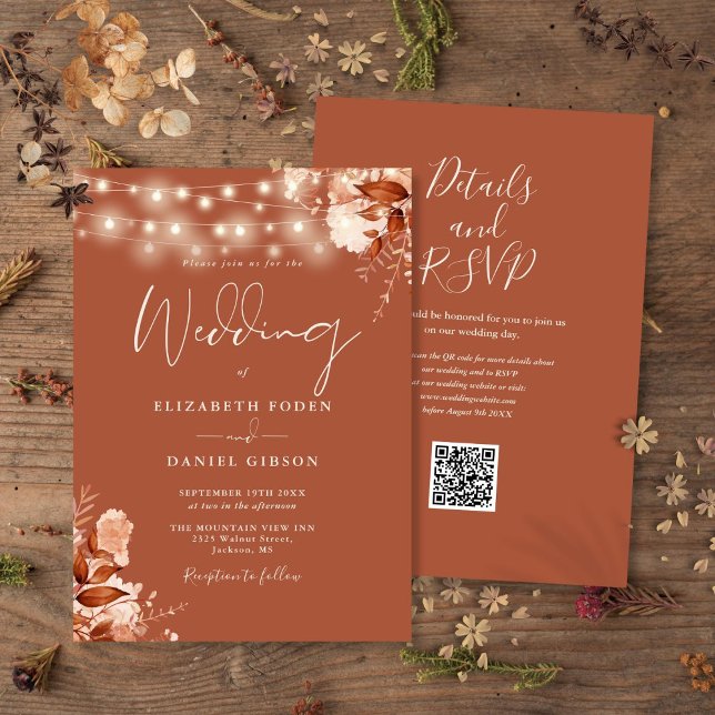 Convites Casamento outono de Código QR das Luzes Florais Ru (Rustic Floral String Lights QR Code Fall Wedding Invitation)