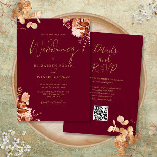 Convites Casamento outono De Código QR Dourado E Burgundy