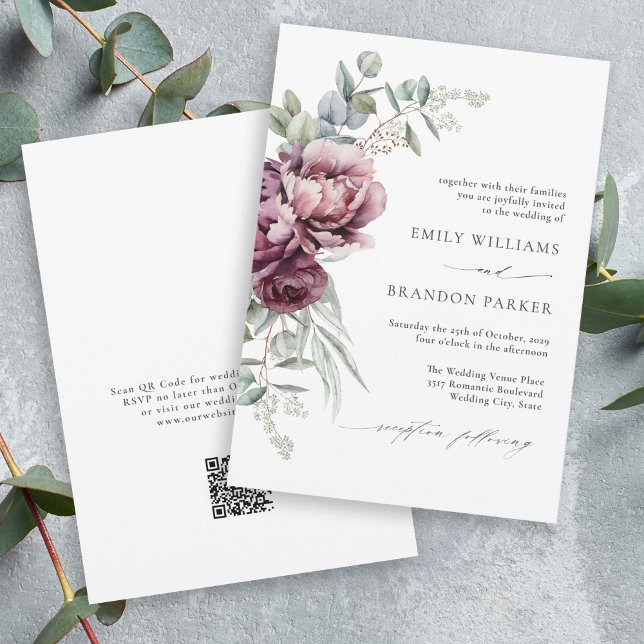 Convites Casamento outono de Código QR Floral Russo Burgund (Available in both printed and instant download digital formats.)