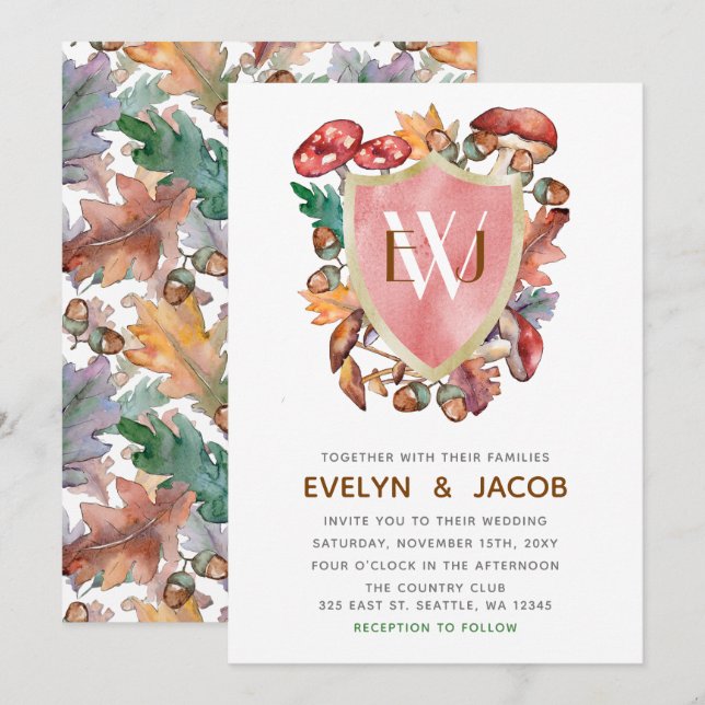 Convites Casamento outono de Cogumelos Russo Watercolor (Frente/Verso)