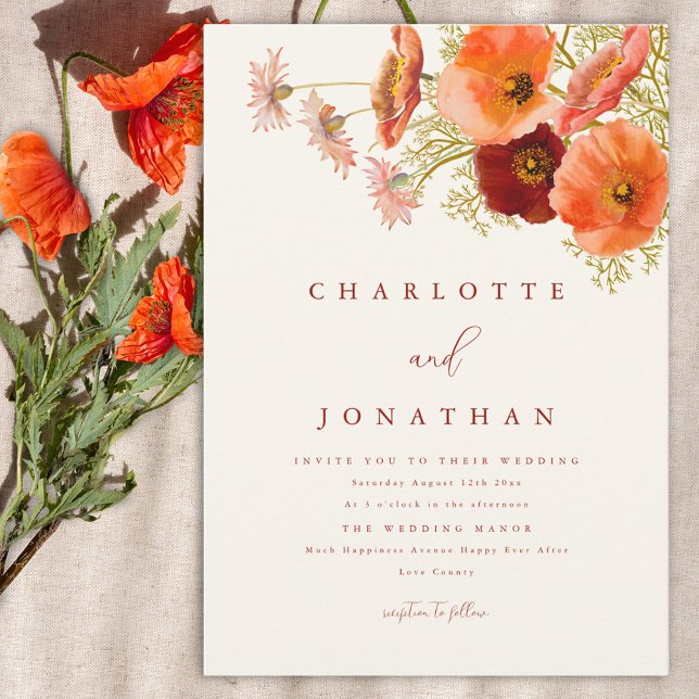 Convites Casamento outono de flor selvagem moderno (Modern wildflower wedding invitation with orange watercolor florals and stylish script )