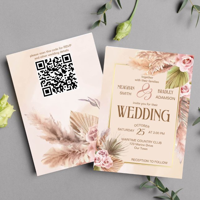 Convites Casamento outono de flores de vassoura-de-erva-pam (Boho pampas grass cream roses beige wedding template invitation instant download )