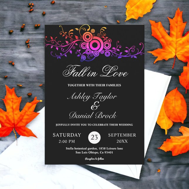 Convites Casamento outono De Folhagem De Neão Branco E Pret (Criador carregado)