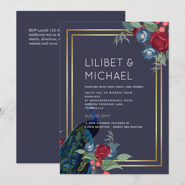 Convites Casamento outono de inverno Peacock Blue Burgundy (Frente/Verso)