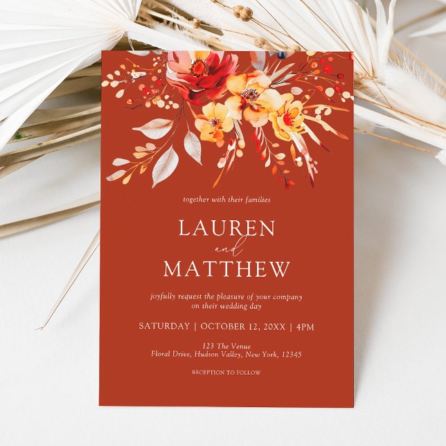 Convites Casamento outono de Laranja de Flor Selvagem Flora (Elegant rustic terracotta floral fall wedding invitation)