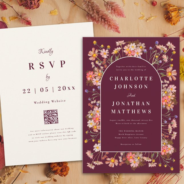Convites Casamento outono de Laranja Queimada com Arca Flor (Wildflower burgundy terracotta burnt orange fall wedding invitation elegant floral arch and script)