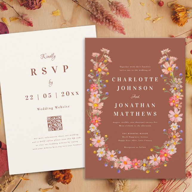 Convites Casamento outono de Laranja Queimado (Elegant wildflower wreath burnt orange terracotta fall wedding invitation )