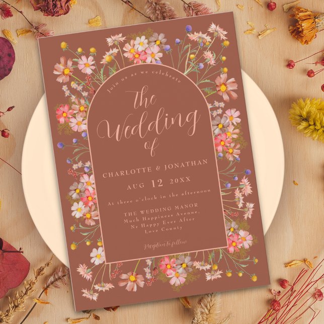 Convites Casamento outono de laranja queimado do Arco de Fl (Wildflower arch elegant script terracotta burnt orange peach  fall wedding invitation )