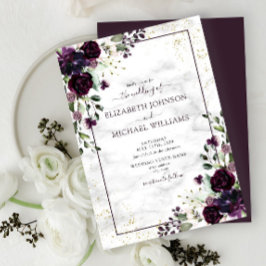Convites Casamento outono de Mármore Dourado com Plum Roxo