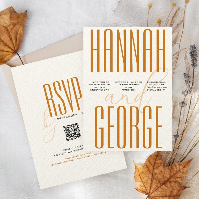 Convites Casamento outono de QR Simples Modern Terracotta & (Unique ecru cream textured terracotta large modern typography burnt orange QR code fall wedding sets)