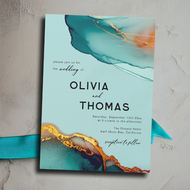 Convites Casamento outono de Script Moderno de Teal Laranja (minimalist modern elegant orange and teal wedding invitation watercolor beach autumn fall romantic)
