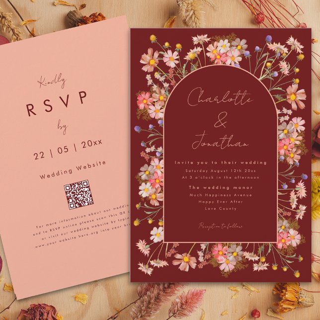 Convites Casamento outono de Terra Laranja Queimada com Arc (Wildflower arch boho script burgundy terracotta fall wedding invitation with qr code)