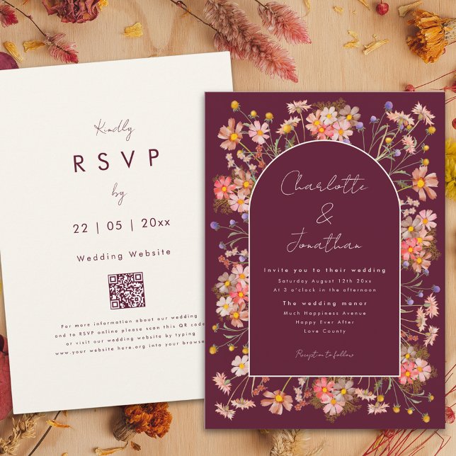Convites Casamento outono de Terracotta de Arch Burgundy (Boho chic wildflower arch burgundy terracotta burnt orange fall wedding invitation )
