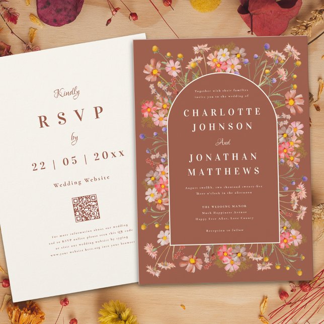 Convites Casamento outono de Terracotta de Arch Chic Boho (Boho chic wildflower arch terracotta burnt orange beige fall wedding invitation )
