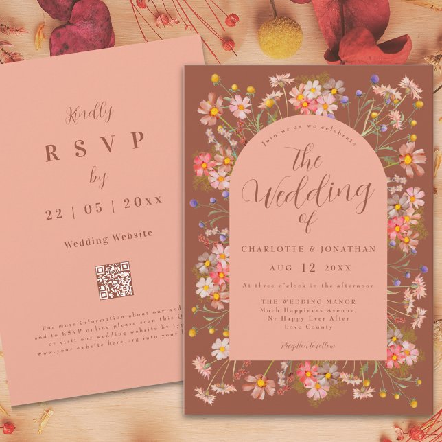 Convites Casamento outono de Terracotta Laranja Burnt (Wildflower arch terracotta burnt orange peach boho fall wedding invitation with elegant script )