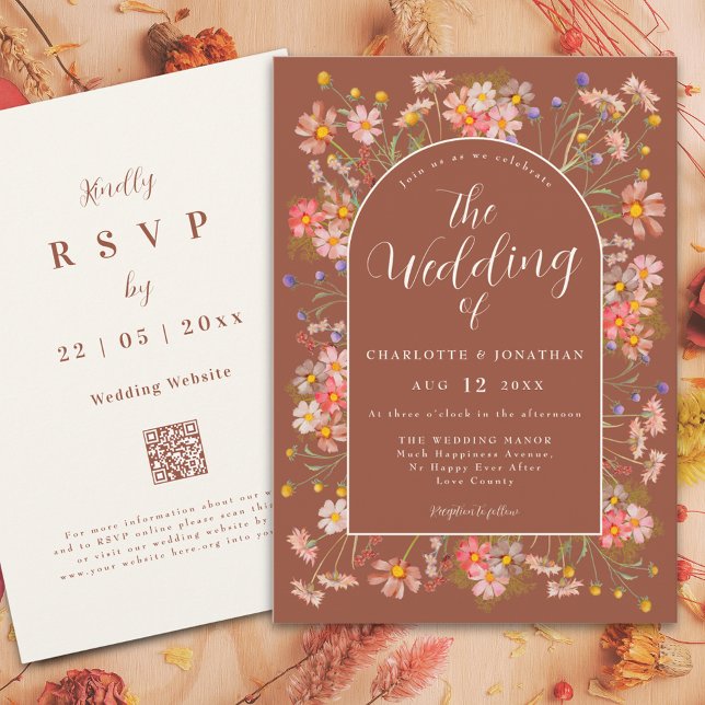 Convites Casamento outono de Terracotta Laranja Burnt (Wildflower elegant floral arch terracotta burnt orange fall wedding invitation with rsvp qr code)