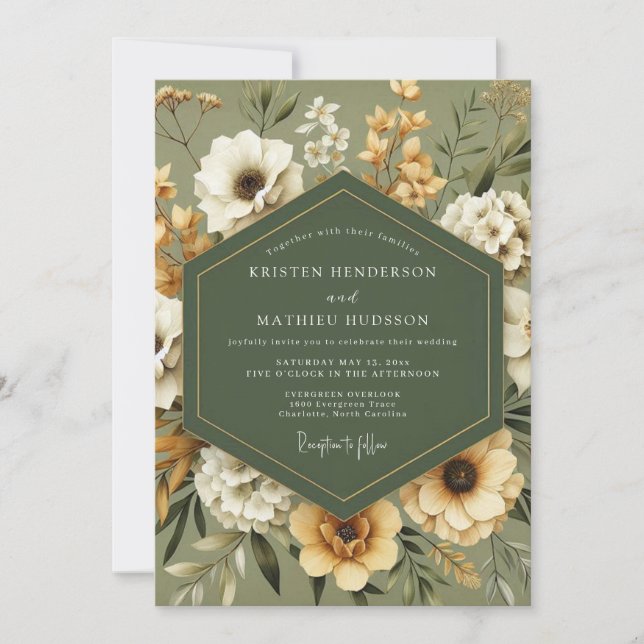 Convites Casamento Outono Dourado Sage (Frente)