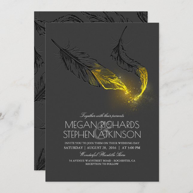 Convites Casamento outono Elegante de Penas Negras e Dourad (Frente/Verso)