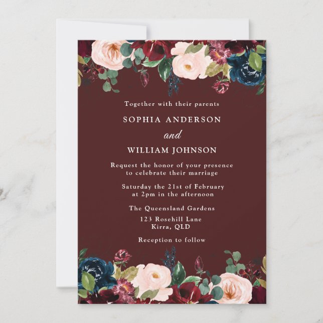 Convites Casamento outono Elegante Vermelho, Blush e Marinh (Frente)