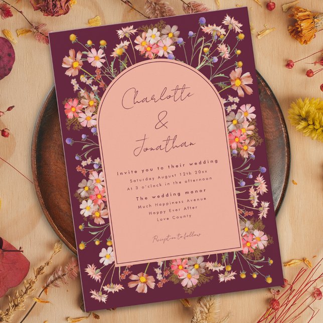 Convites Casamento outono Floral Boho Arch Burgundy (Boho floral arch burgundy terracotta peach wedding invitation watercolor wildflowers )