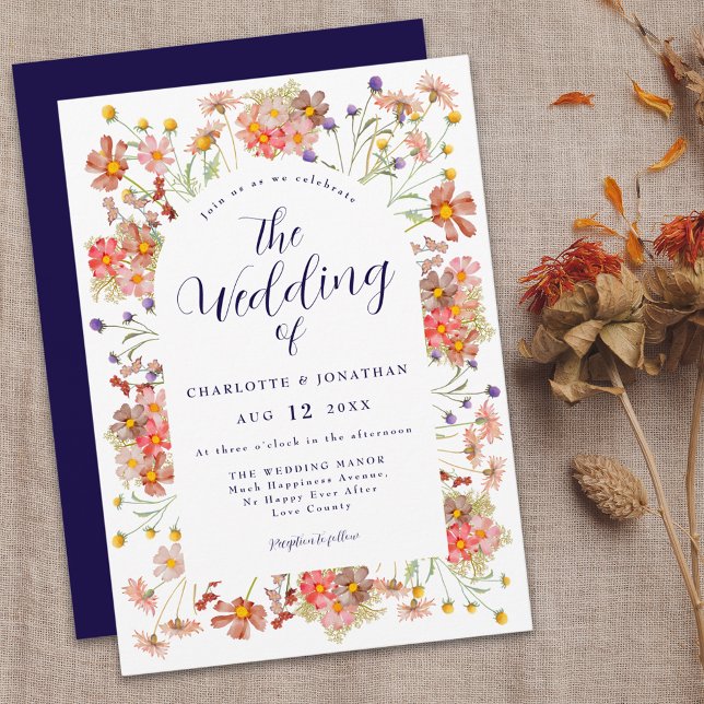 Convites Casamento outono Floral Boho Chic (Elegant boho rustic floral navy blue fall wedding invitation Watercolor wildflowers modern script )