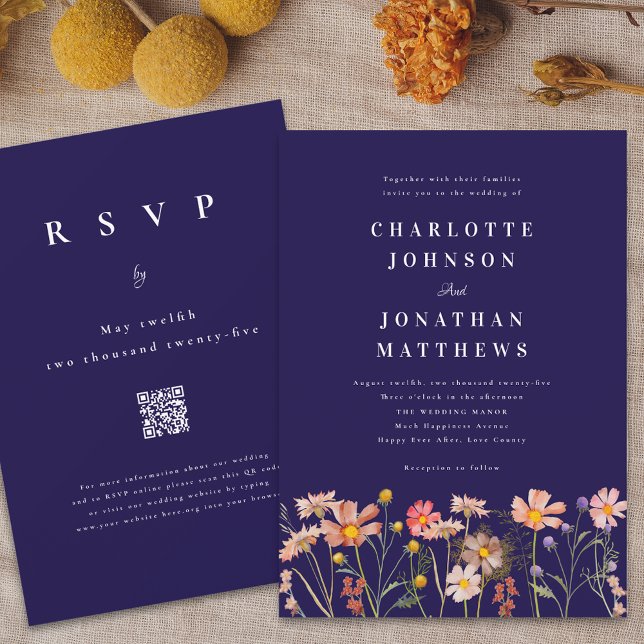 Convites Casamento outono Floral Boho Chic (Boho rustic floral navy blue fall wedding invitation Watercolor wild flowers elegant modern )