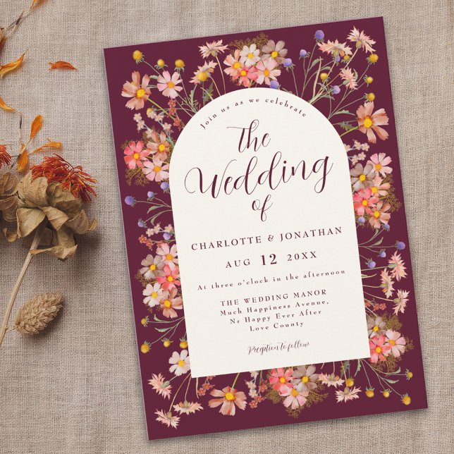 Convites Casamento outono Floral Boho Chic (rustic wildflower arch elegant burgundy fall wedding invitation Elegant script watercolor florals)