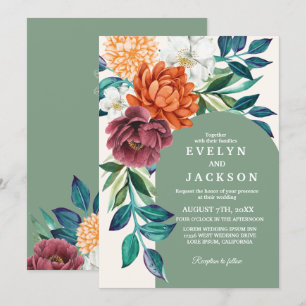 Convites Casamento outono floral de cor verde-d'água modern