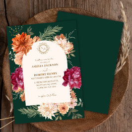 Convites Casamento outono floral Emerald Green e burgundy