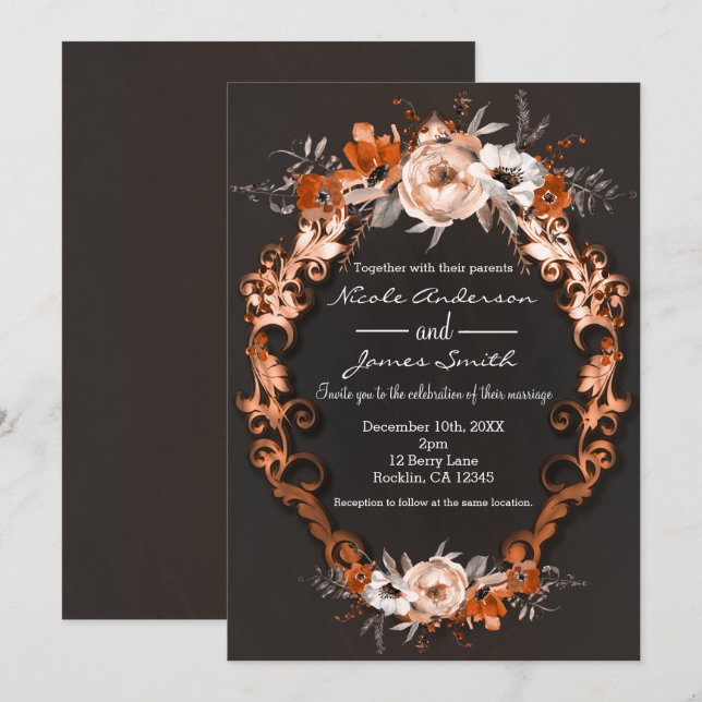 Convites Casamento Outono Floral Laranja Flores Elegante (Frente/Verso)