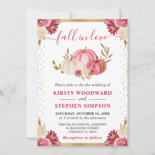 Convites Casamento outono Floral Pumpkins rosa e Dourado
