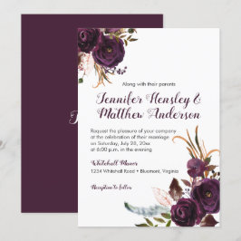 Convites Casamento outono Floral Rústico Escuro Roxo