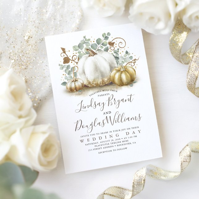 Convites Casamento outono Moderno Russo de Pumpkins Branco  (White Pumpkins Fall Wedding Invitation)