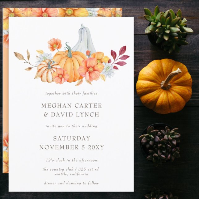 Convites Casamento outono Rustic Watercolor Orange Pumpkins (Criador carregado)