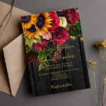Convites Casamento outono rústico de girassol e rosas de bu<br><div class="desc">Modelo de na moda de convite para casamento chic elegante em madeira marrom-escura apresentando um belo buquê de girassol amarelo e rosas vermelho, cordas de luzes cintilantes e falso roteiro de tipografia de ouro. Fácil de personalizar com seus detalhes! O convite é adequado para a elegante queda de outono ou...</div>