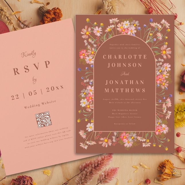 Convites Casamento outono Terracotta de Arch de Flor Selvag (Elegant arch wildflower burnt Orange terracotta and peach fall wedding invitation )