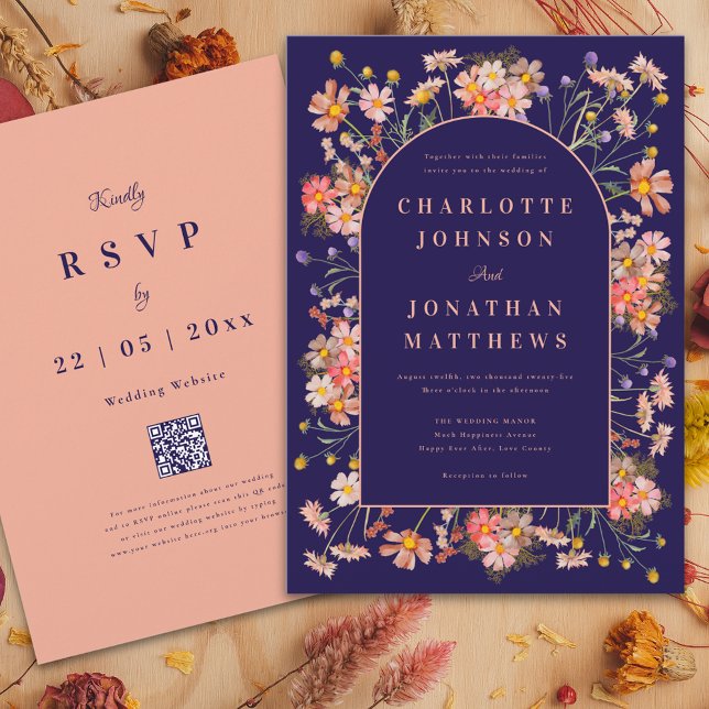 Convites Casamento outono Terracotta de Marinho Floral Eleg (Wildflower arch elegant script navy blue peach burnt Orange terracotta fall wedding invitation )