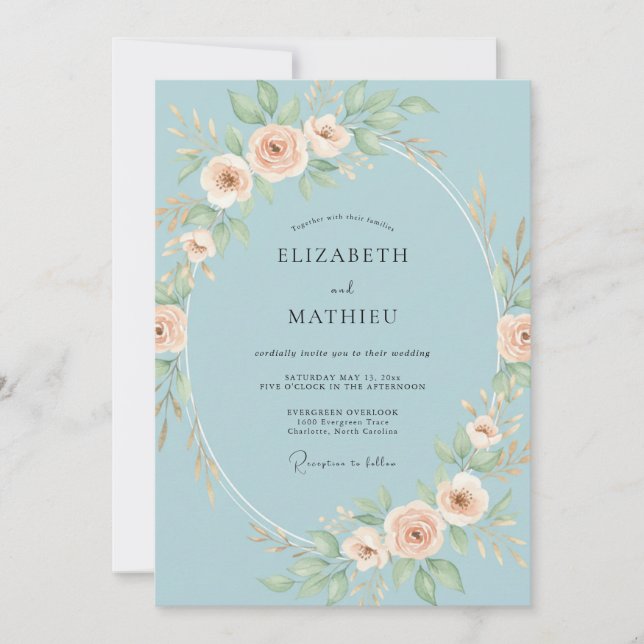 Convites Casamento Oval Floral Azul Céu (Frente)