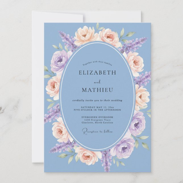 Convites Casamento Oval Floral Azul Empoeirado (Frente)