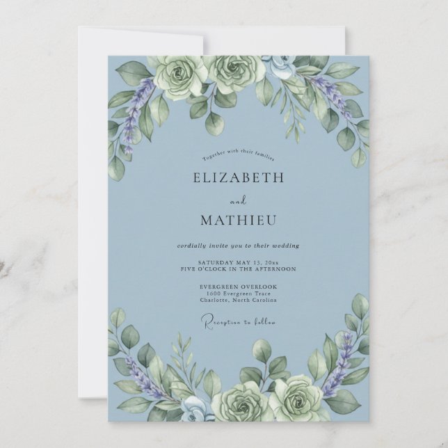 Convites Casamento Pacífico de Suculentas Azul Empoeirado (Frente)